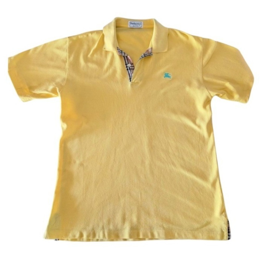 Burberrys Mens Vintage Yellow Polo Shirt Nova Check Trim Turquoise Knight Logo
